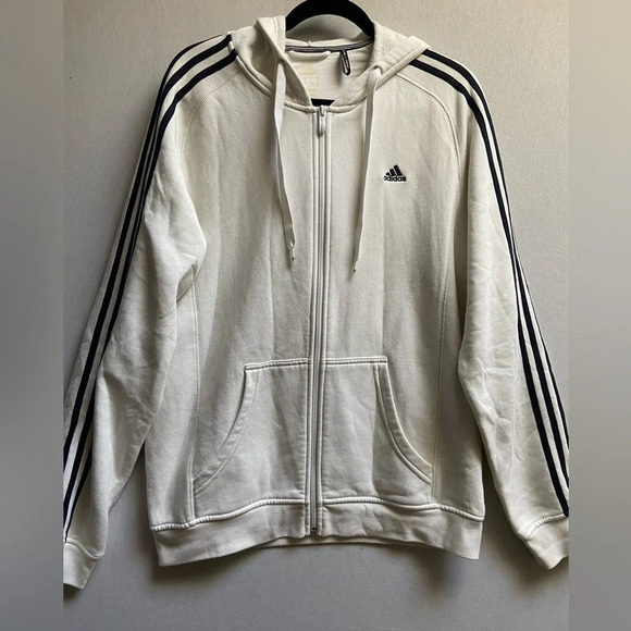 Adidas white and black  stripe hoodie full zip jacket Sz L - Picture 1 of 12